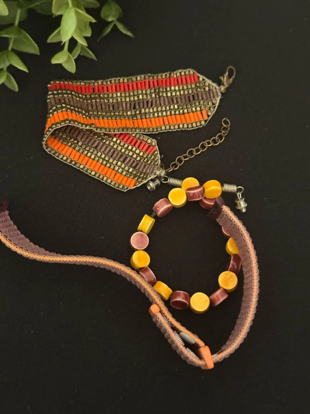 Boho Beaded Multistrand Bracelet and Watch Band‎ in Plum and Mustard (E5)